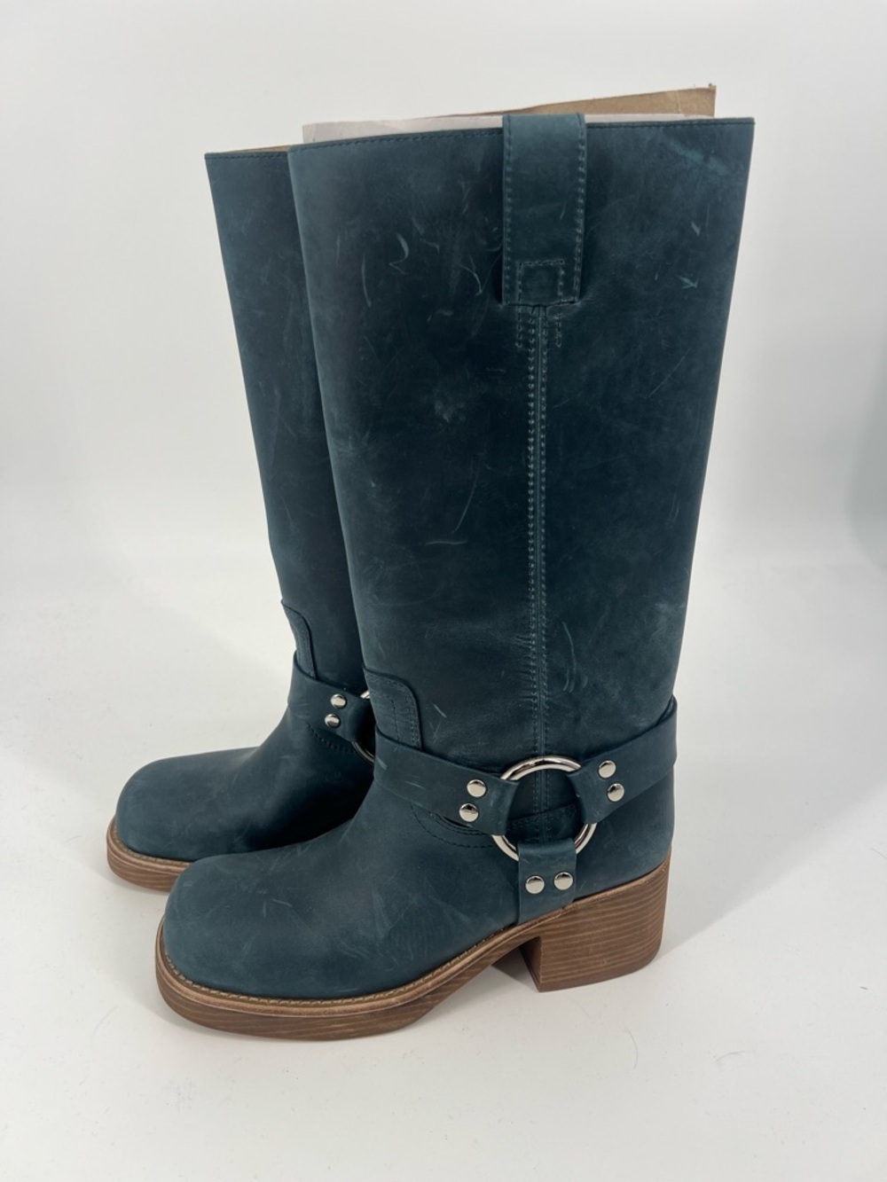 Jeffrey Campbell Reflection Blue Harness Mid-Calf Boots with Brown Stacked Heel - Picture 9 of 13